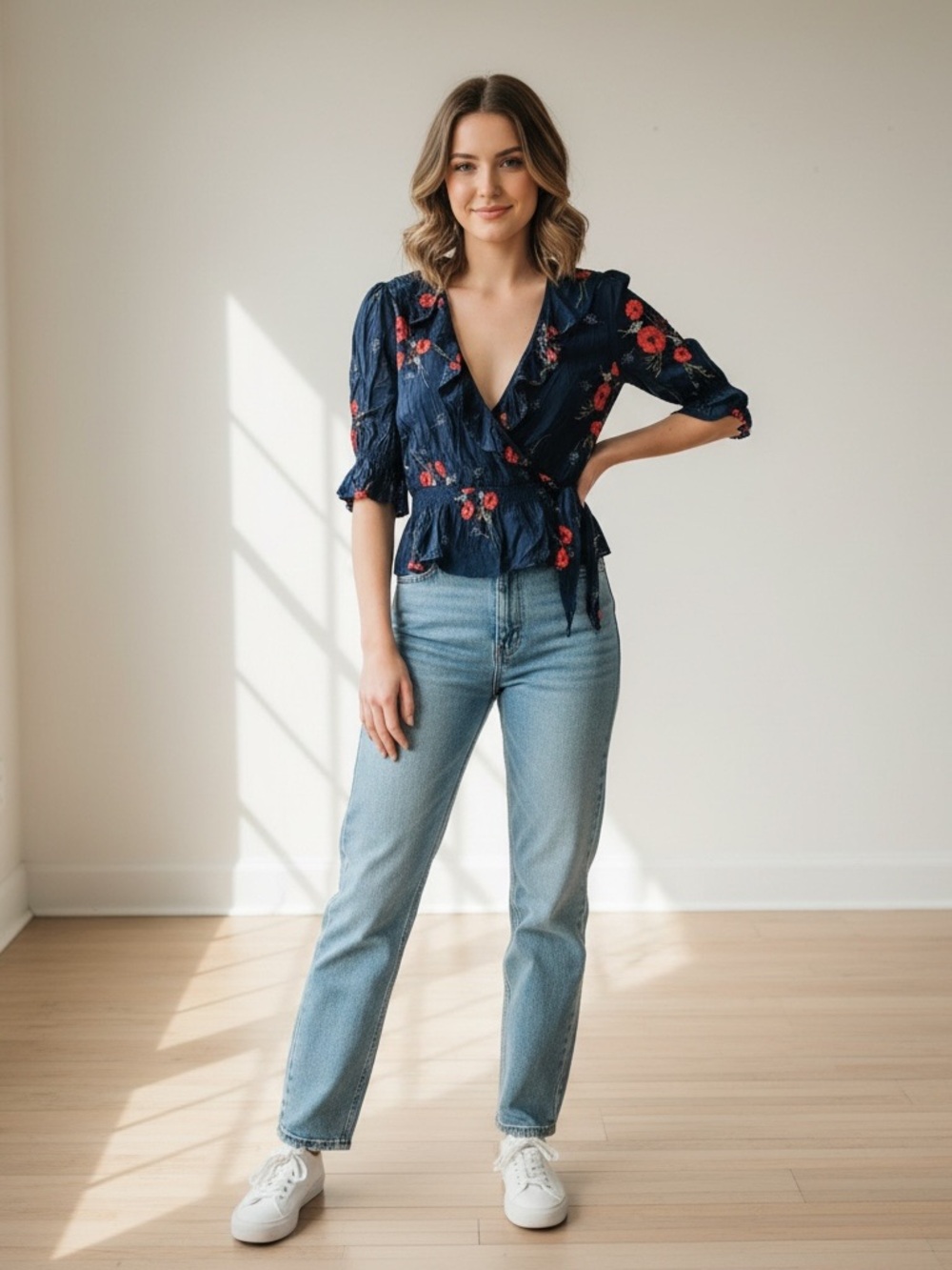 NEW • Joie • Ottoline Navy Floral Wrap Top with Ruffle Detail XS Red